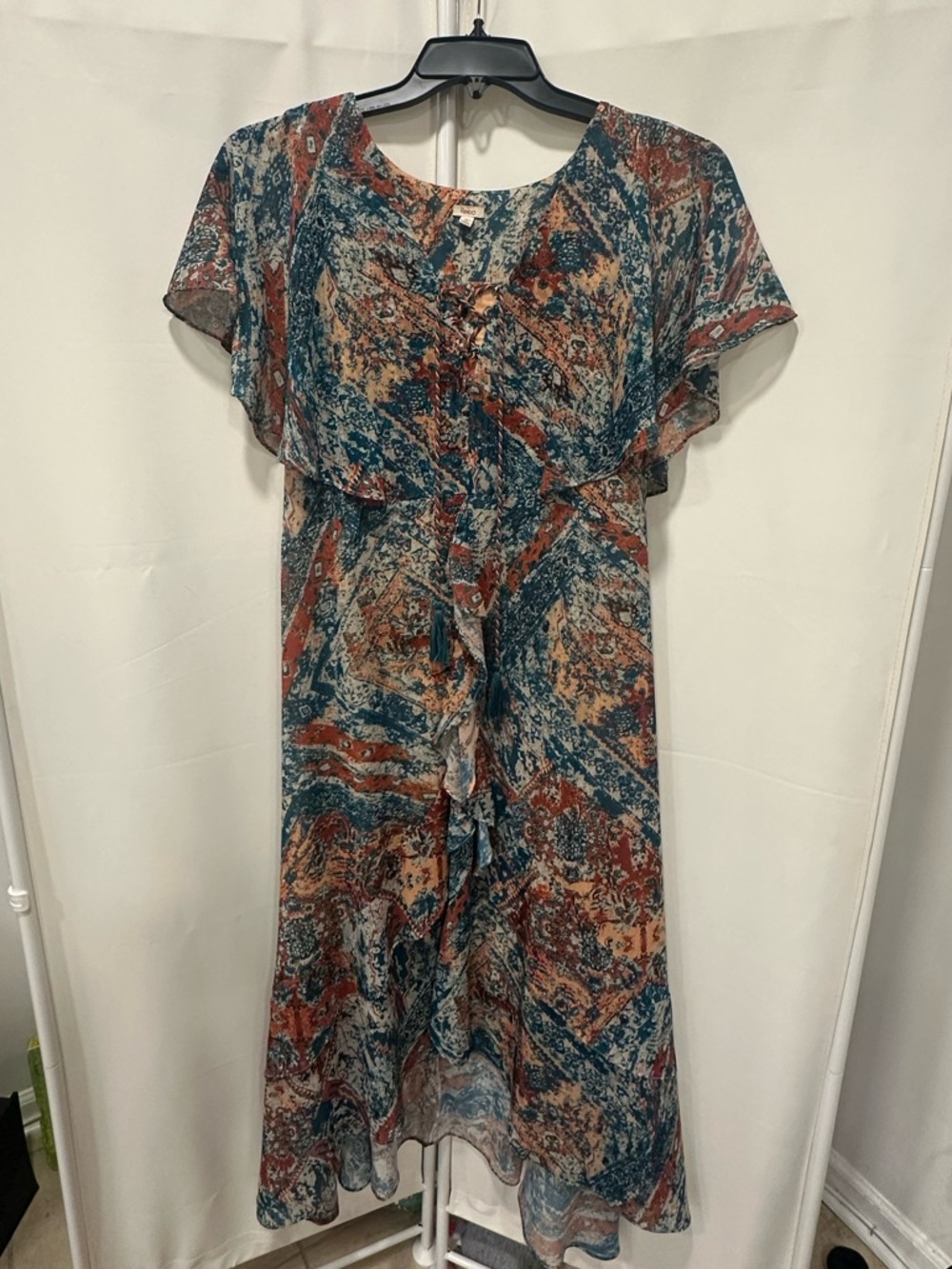 Reba Teal Rust Cream Abstract Print Maxi Dress